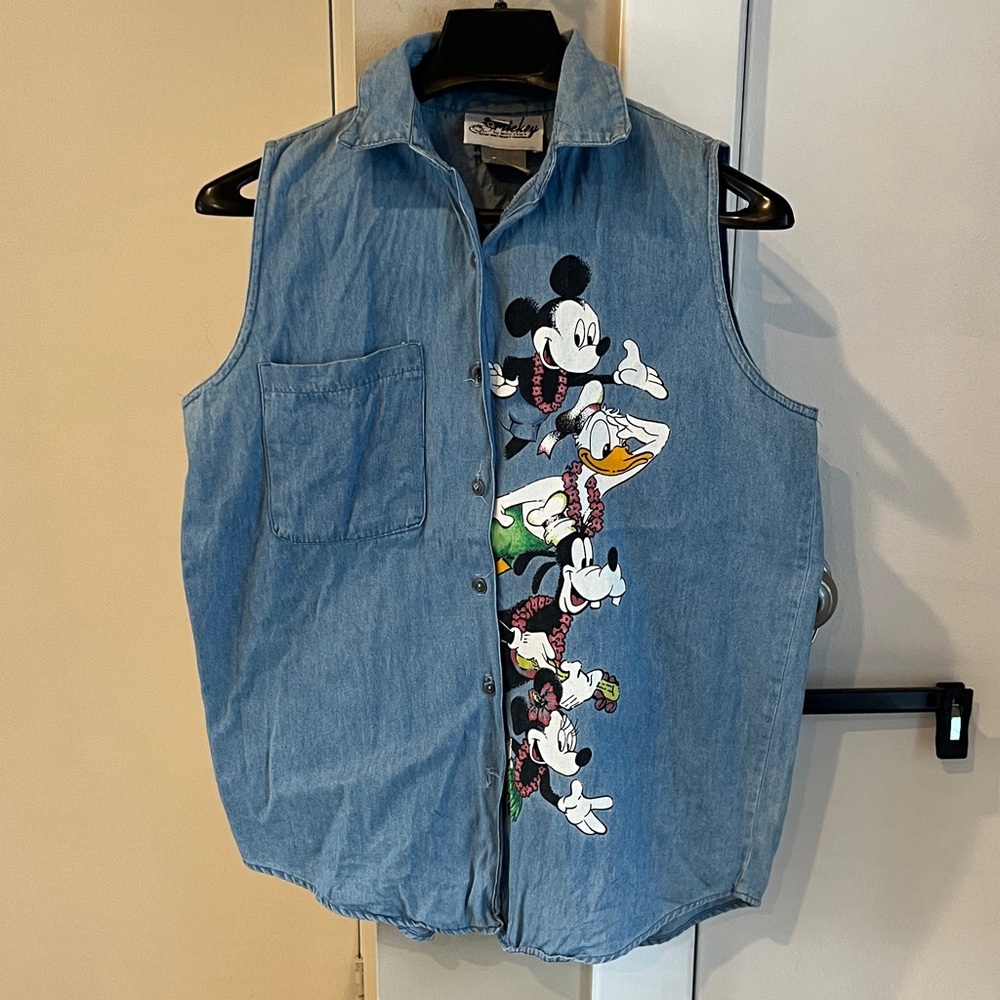 Vintage Hawaiian Disney Blue Denim Vest with Mickey Mouse Graphic